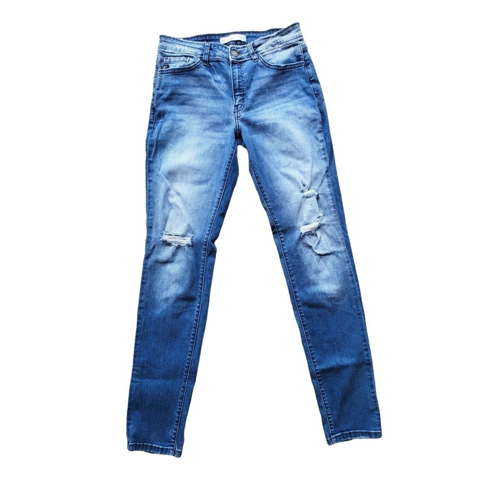 Kancan Jeans 26 Womens Mid Rise Skinny Leg Medium Wash Distressed Blue Denim Cas